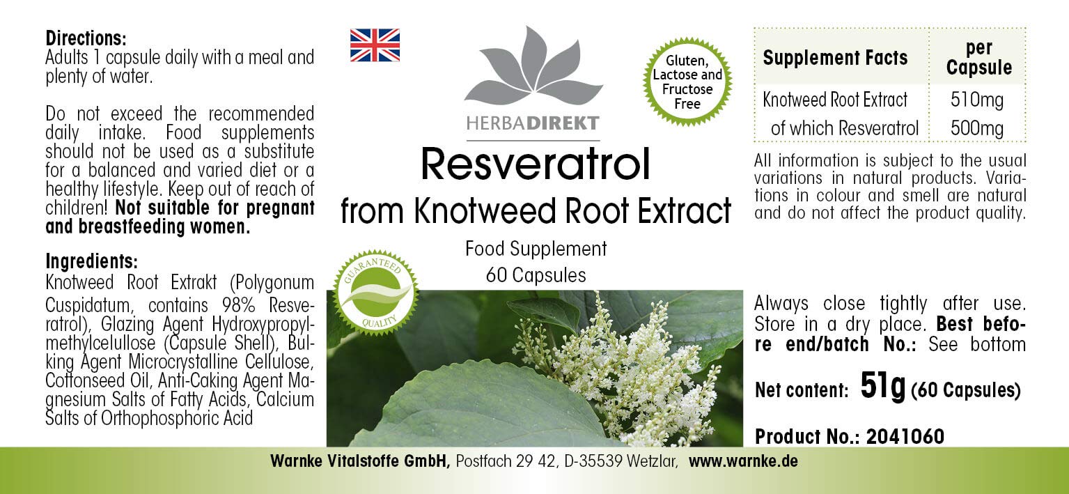 Resvératrol 500mg - extrait de la racine renouée du Japon - polygonum cuspidatum - Extrait - 60 capsules | Herba Direkt - Qualité des pharmacies allemandes