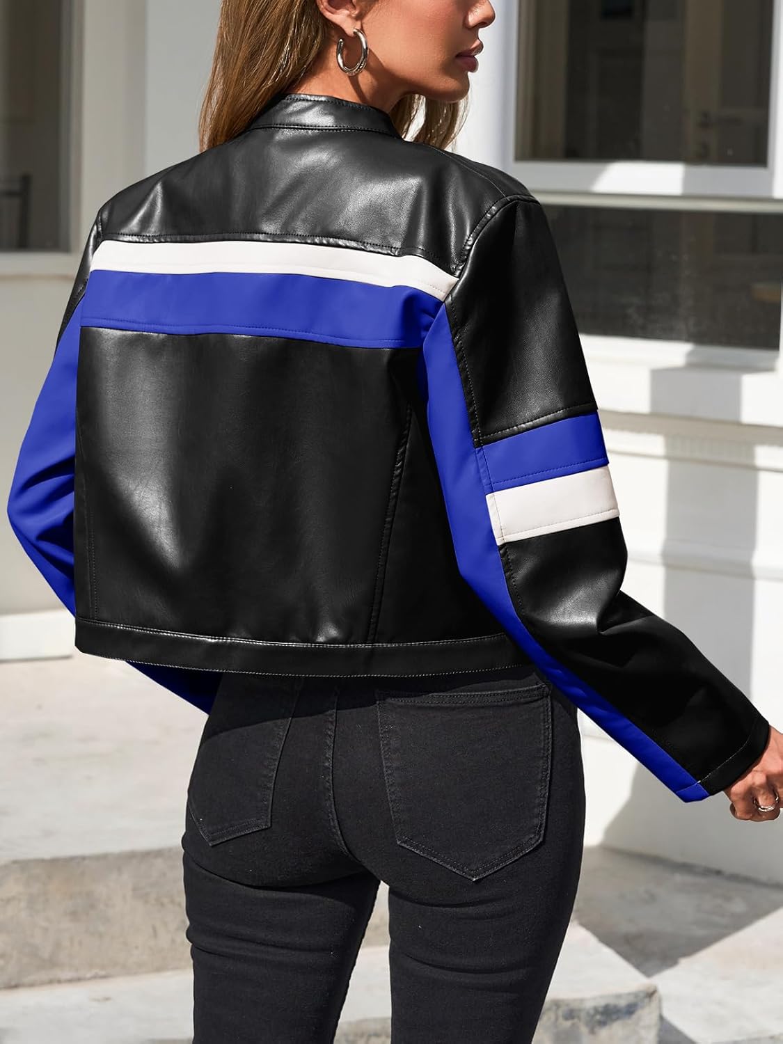 Tankaneo Womens Cropped Moto Biker Jackets Faux Leather Bomber Jacket Color Block Vintage Racing Coats - Image 4