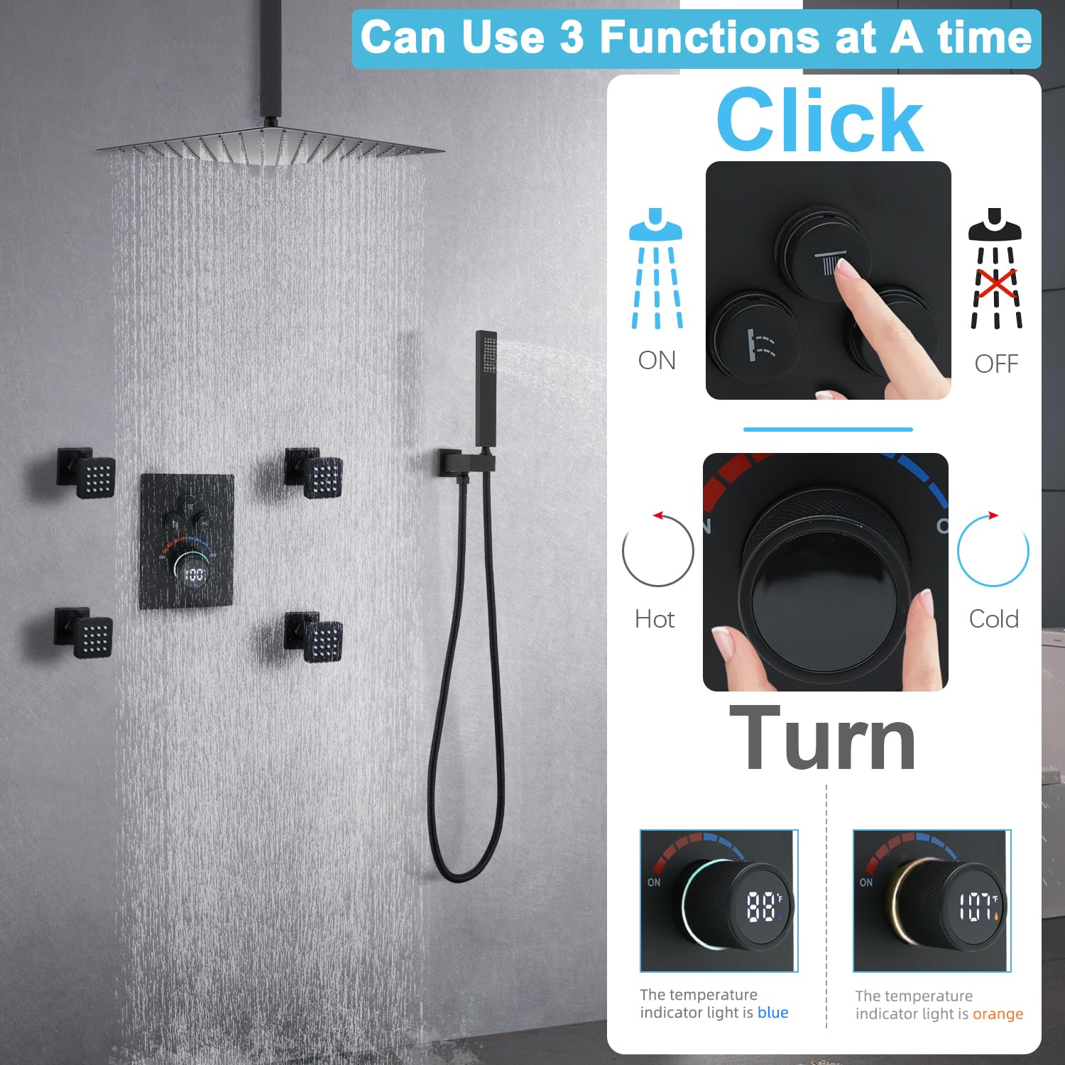 Backnets Backnets Shower System with Body Jets, 12 Inch Ceiling Mounted Rain Shower Set, Concealed 3 Way Outlet Digital Display Diverter Valve, Shower System with Valve Matte Black
