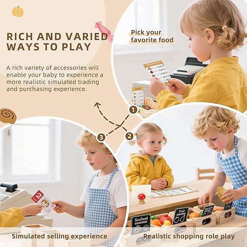 Miniatura 4 de Juegos de comida de madera para niños y niñas, juego de alimentos para jugar, juguetes para niños pequeños con bolsa de comestibles de malla y 4