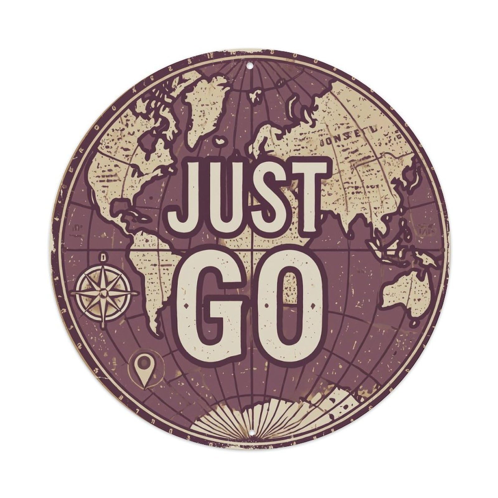 Vintage World Map with Compass Just Go Excursion Metal Tin Sign