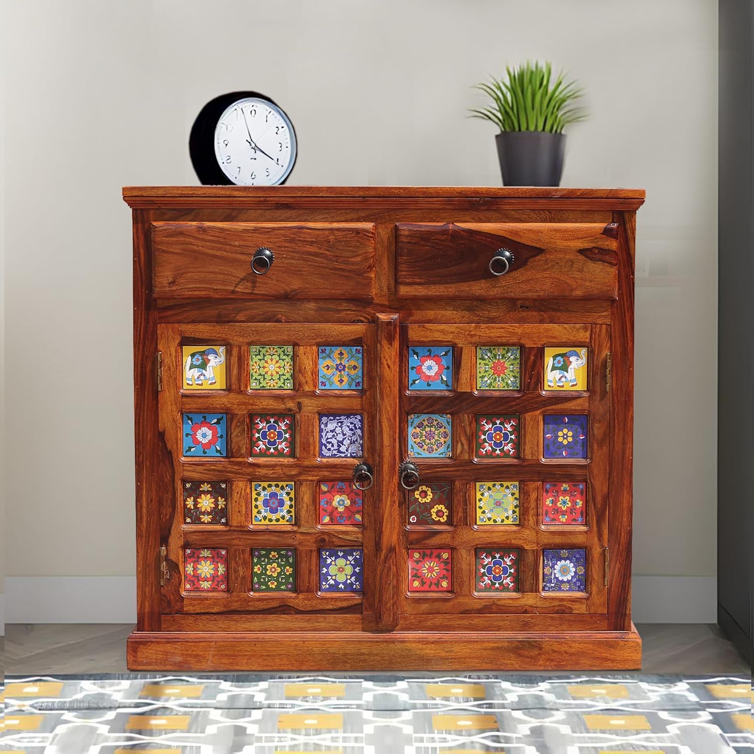 Sheesham Wood Sideboard Cabinet for Kitchen & Living Room | Wooden Side Board with 2 Drawers & Shelf Storage | Side Board Cabinet Furniture | Natural Honey Finish-image-14