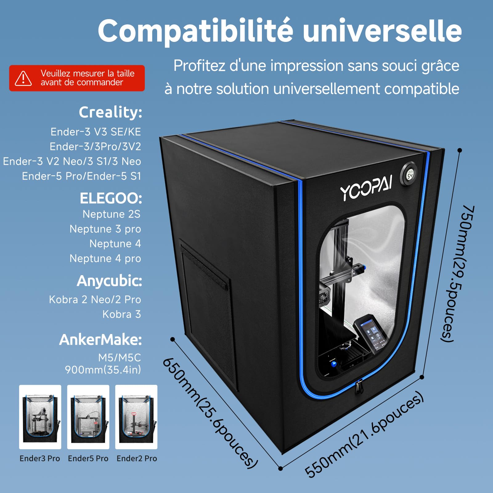 YOOPAI Caisson Imprimante 3D avec Fente pour Lumière, Thermo Hygromètre, Kit de Ventilation pour ANYCUBIC Kobra 3/2 Neo/2 Pro, Creality Ender 3/Ender 3 Pro/Ender 3 V2/Ender 3 S1/Neo