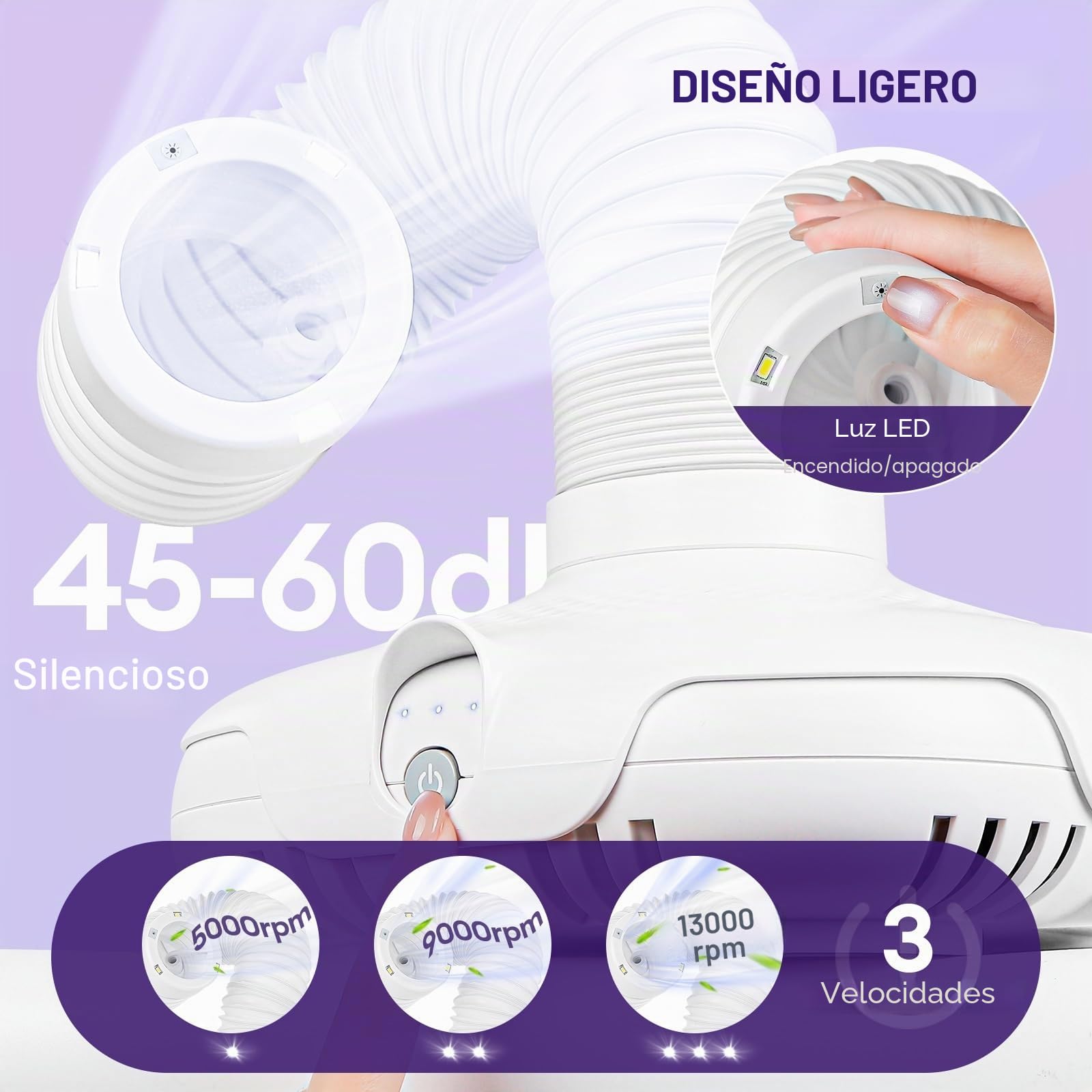 130 W máquina de recogida de polvo de uñas con luz LED y tubo flexible de 360°: succión ajustable en 3 niveles, ultra silencioso para manicura sin polvo, pedicura