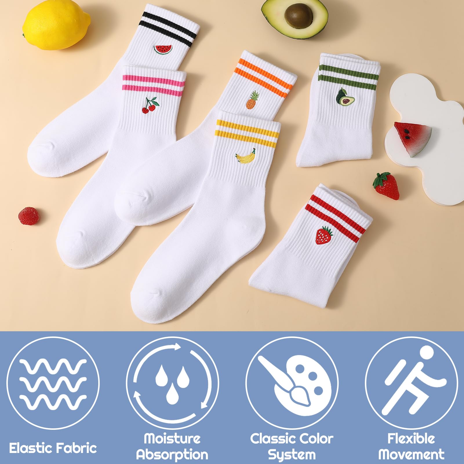 Utensilsto Lot de 6 paires de chaussettes de tennis pour femme - 39-42 - Blanc - Avec motif rayures de fruits - Chaussettes en coton - Cadeau amusant pour femme - Tennis - Course - Travail - Sport