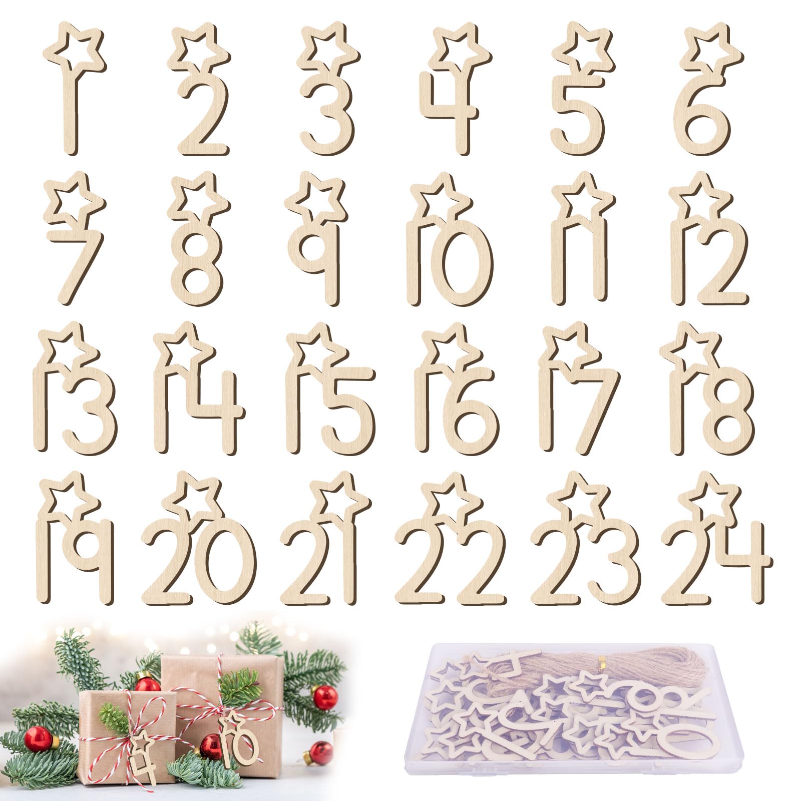 Naler 24 Holzanhänger Adventskalender - Zahlen 1-24 Mit Weihnachtsmotiven