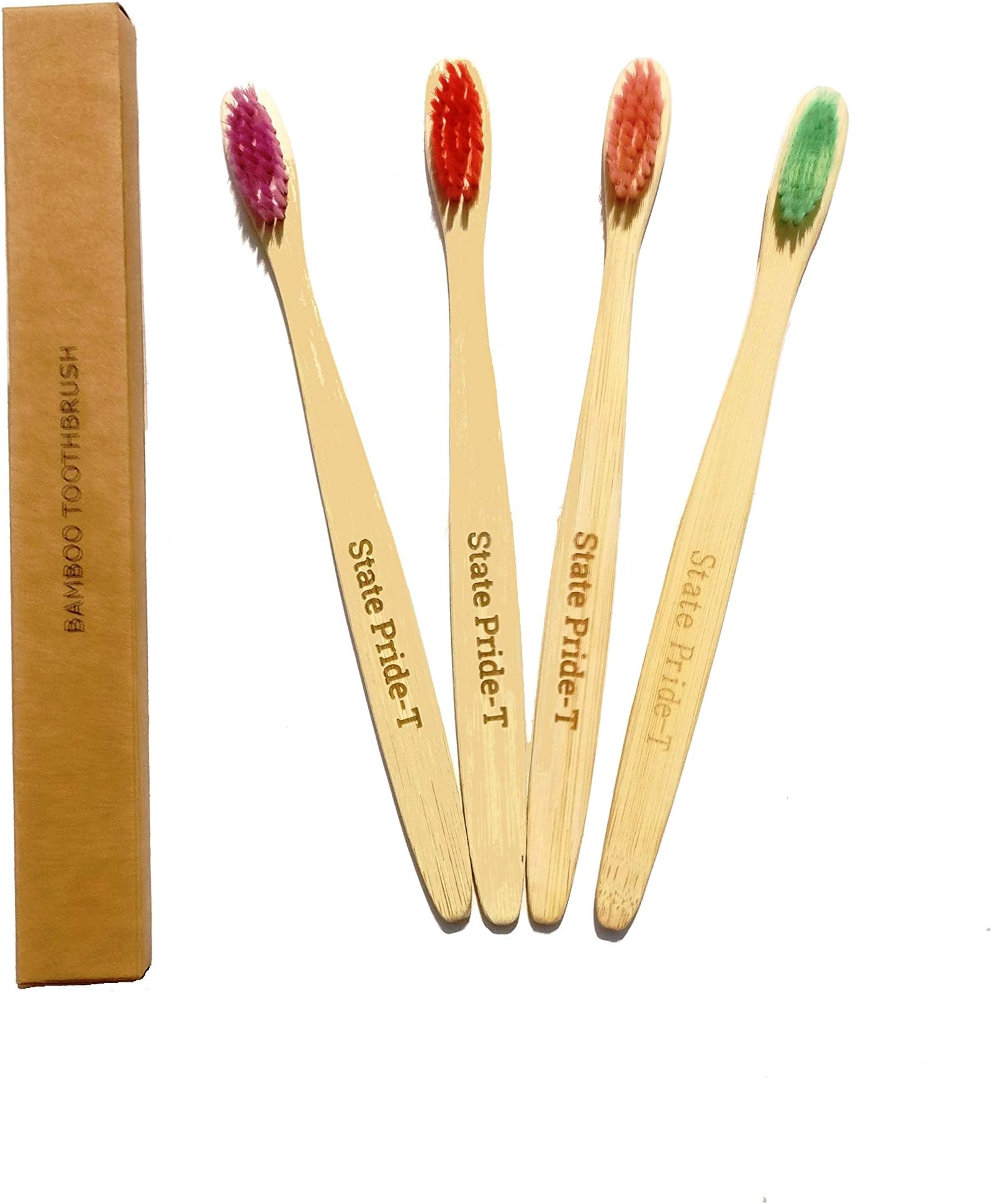 State Pride-T Biodegradable Handle Bamboo Medium Bristles Bpa And Plastic-Free Manual Toothbrush For Adults With Cotton Pouch ; 18 Cm; Brown-Pack Of 4