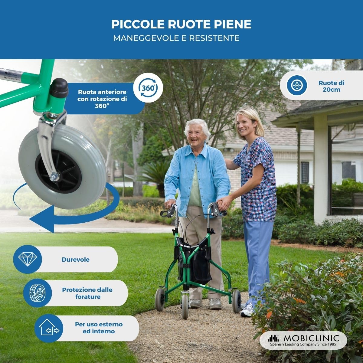 Mobiclinic®, Deambulatore per anziani, Cestino e 3 ruote, Con coperchio, Freni sulle maniglie, Altezza regolabile, Marchio spagnolo, Struttura leggera maneggevole, Piccole, Verde