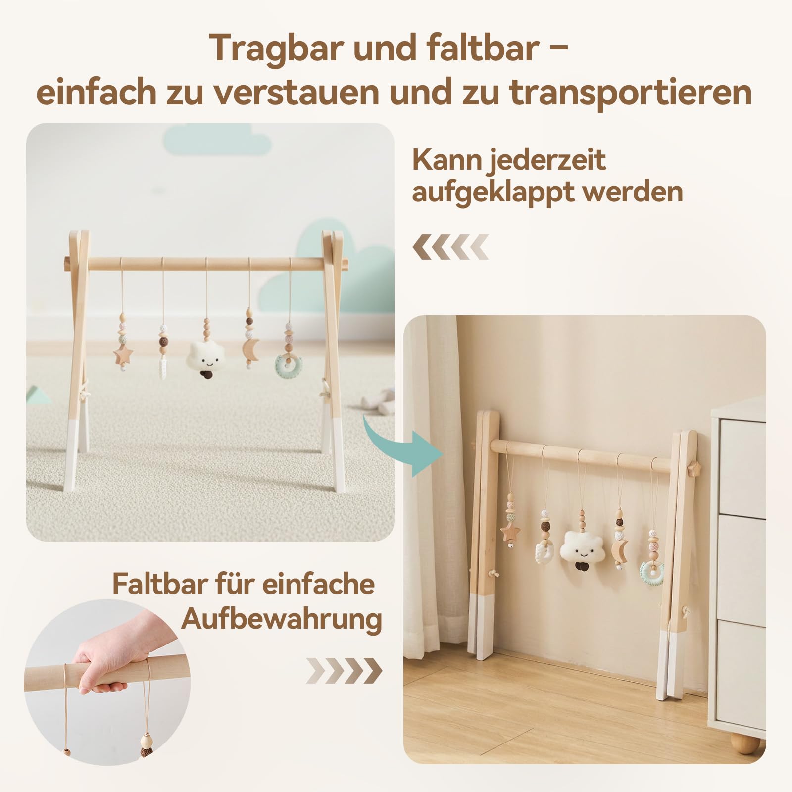 let's make Spielbogen Baby Holz- Montessori Spielbogen mit 5 abnehmbaren Sensorischen Spielzeugen, Faltbar Baby Gym Activity Center, Neugeborenes Geschenk für 0-18 Monate (Style B)
