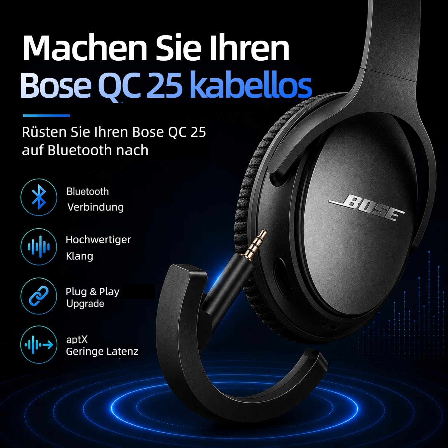 Adaptador Bluetooth inalámbrico para Bose QuietComfort QC 25 con Control de micrófono/Volumen, Negro | Añade audio Bluetooth a los auriculares Bose QC25, con soporte AptX, micrófono integrado y controles de volumen