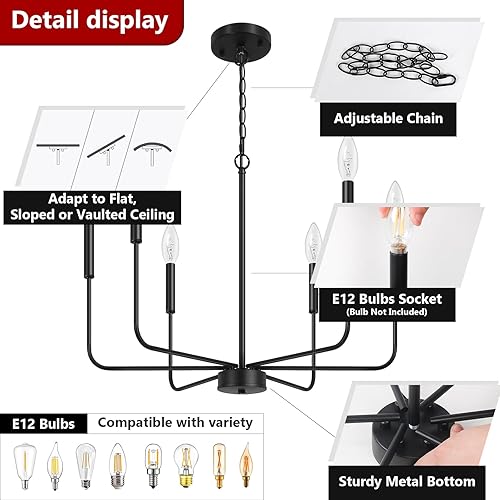 Miniatura 4 de MQKIWAO Candelabro de granja de 6 luces, iluminación industrial negra colgante de techo, iluminación colgante rústica de altura ajustable con base