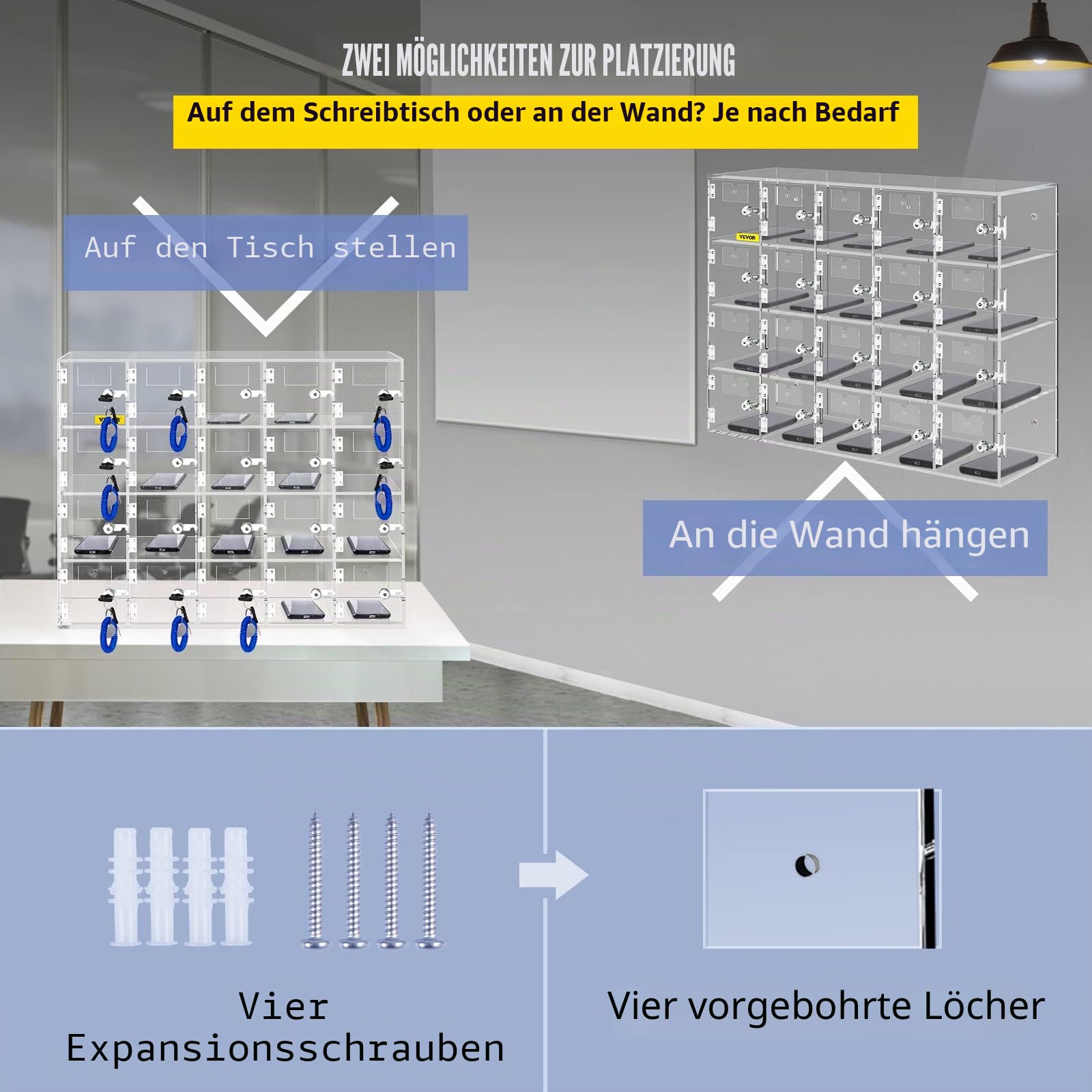 VEVOR Handy-Aufbewahrungsspind, 20 Fächer, Acryl, mit Türschlössern, Wandmontierter Schrank
