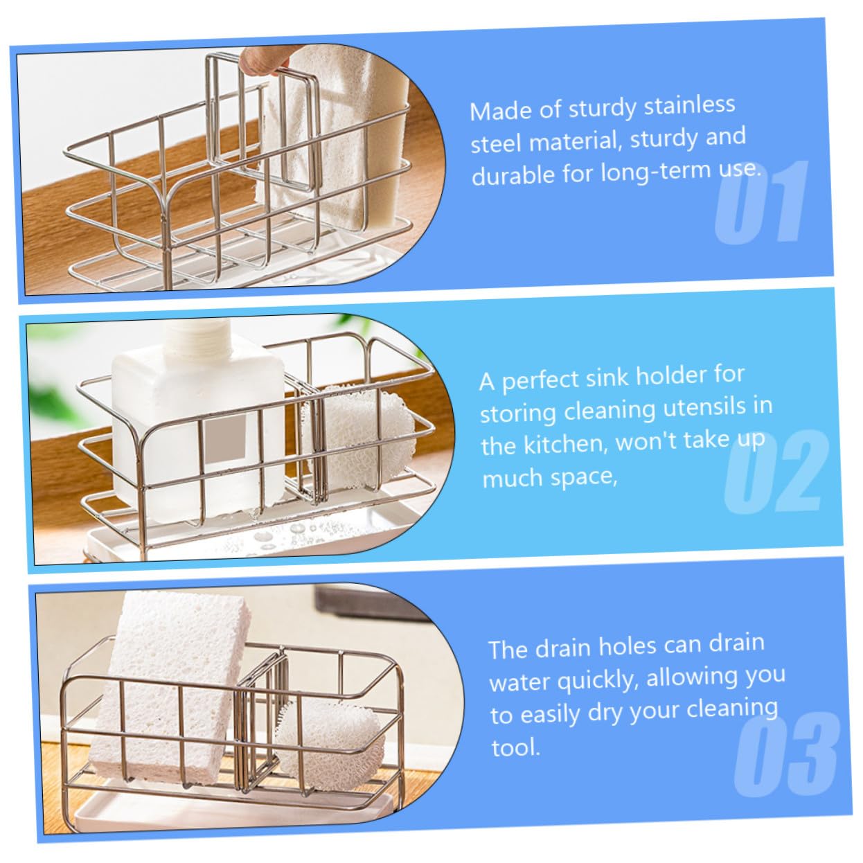TOYANDONA Soporte de Esponja de Cocina de Acero Inoxidable Organizador de Utensilios de Limpieza con Drenaje para Fregadero Resistente y Compacto para Almacenamiento de Paños y Cepillos