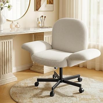 Marsail Criss Cross Office Chair with Adjustable Armrests & Wheels, Vanity Chair with Wide Cushion, Reclining Back, Soft Chenille Fabric, Desk Chair for Home Office, Makeup Room, Bedroom, Beige