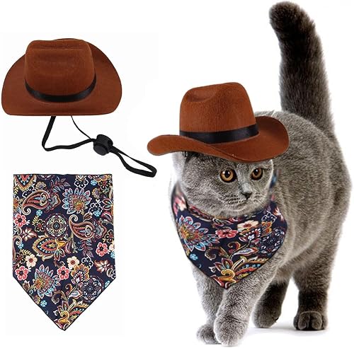 lanci Pet Western Cowboy Costume Set, Cat Cowboy Hat & Bandana Scarf, Brown And Navy Blue, Medium, All Cat Breeds, Small To Medium Cats