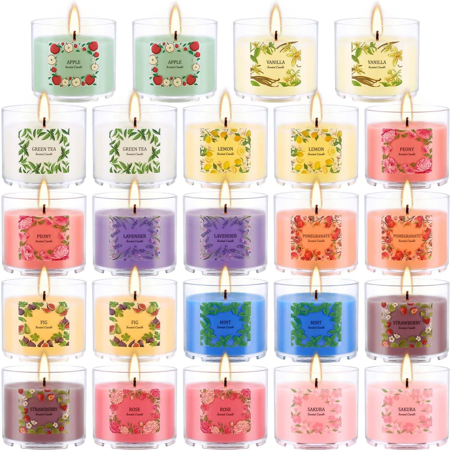 24-Pack 2oz Scented Tea Lights Candles Set - 12 Fragrances Natural Soy Wax Clear Acrylic Jar Candles for Home Decor, Odor Removal, Spa & Gifts.