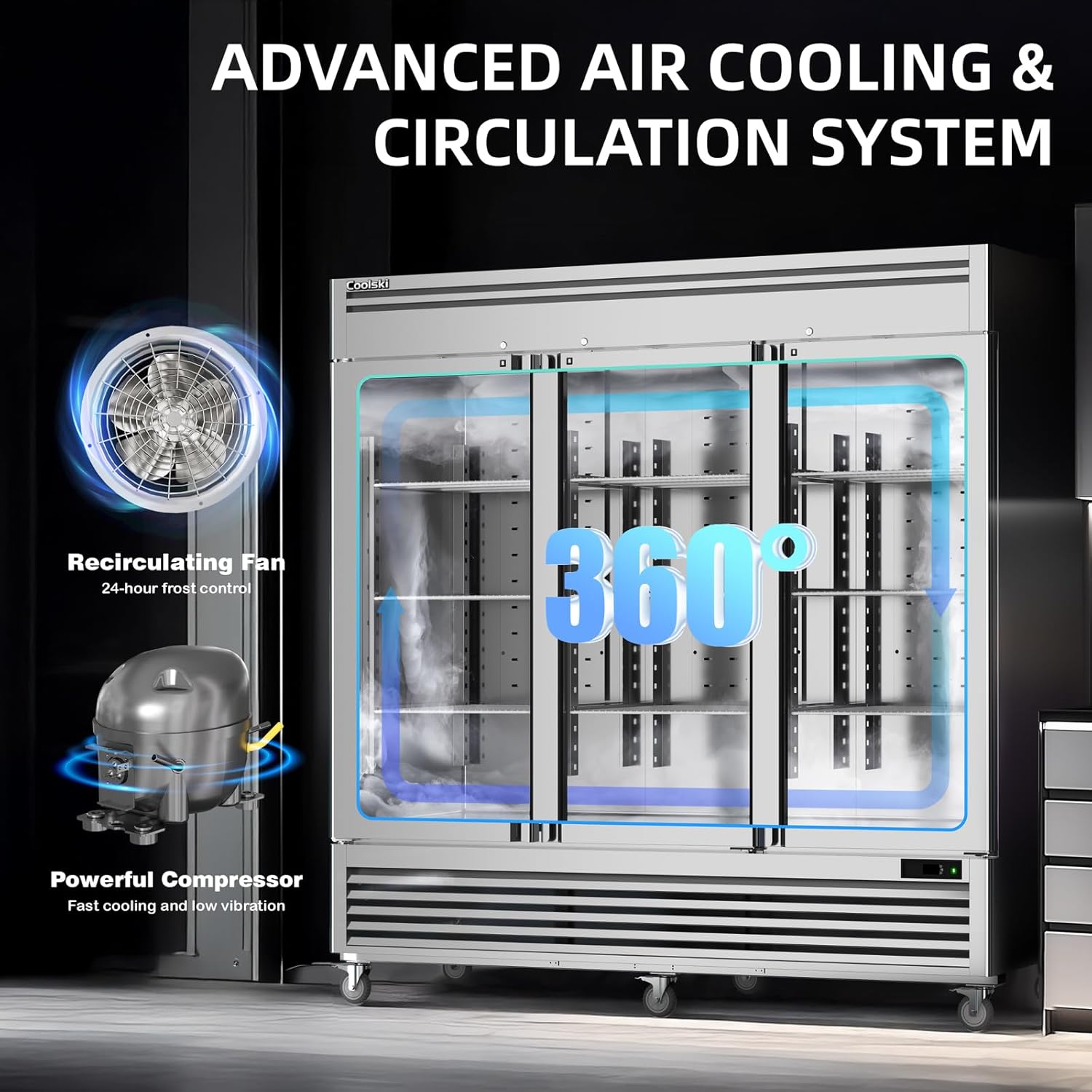 Coolski 3 Door Commercial Refrigerator 82"W 72 Cu.ft Reach-in Stainless Steel Upright Commercial Refrigerator for Restuarant, Bar, Shop, Garage