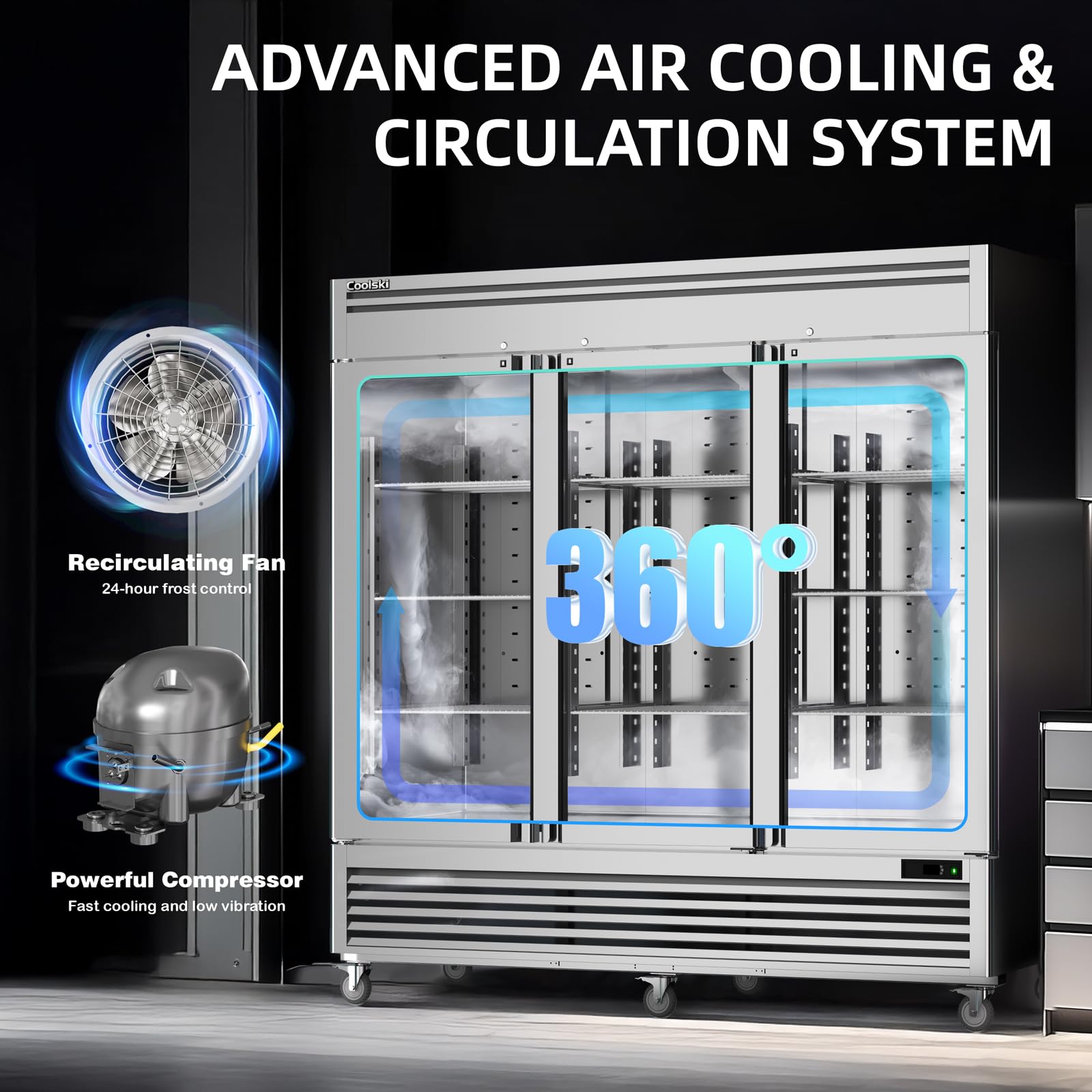 COOLSKI Commercial Freezer 82" W, 72 Cu.Ft Stainless Steel Reach In Upright Freezer 3 Door, Auto-Defrost, 12 Adjustable Shelves, -13 To -5℉ Temp Control, LED Light, 5 Wheels on Fridge.com - View 5