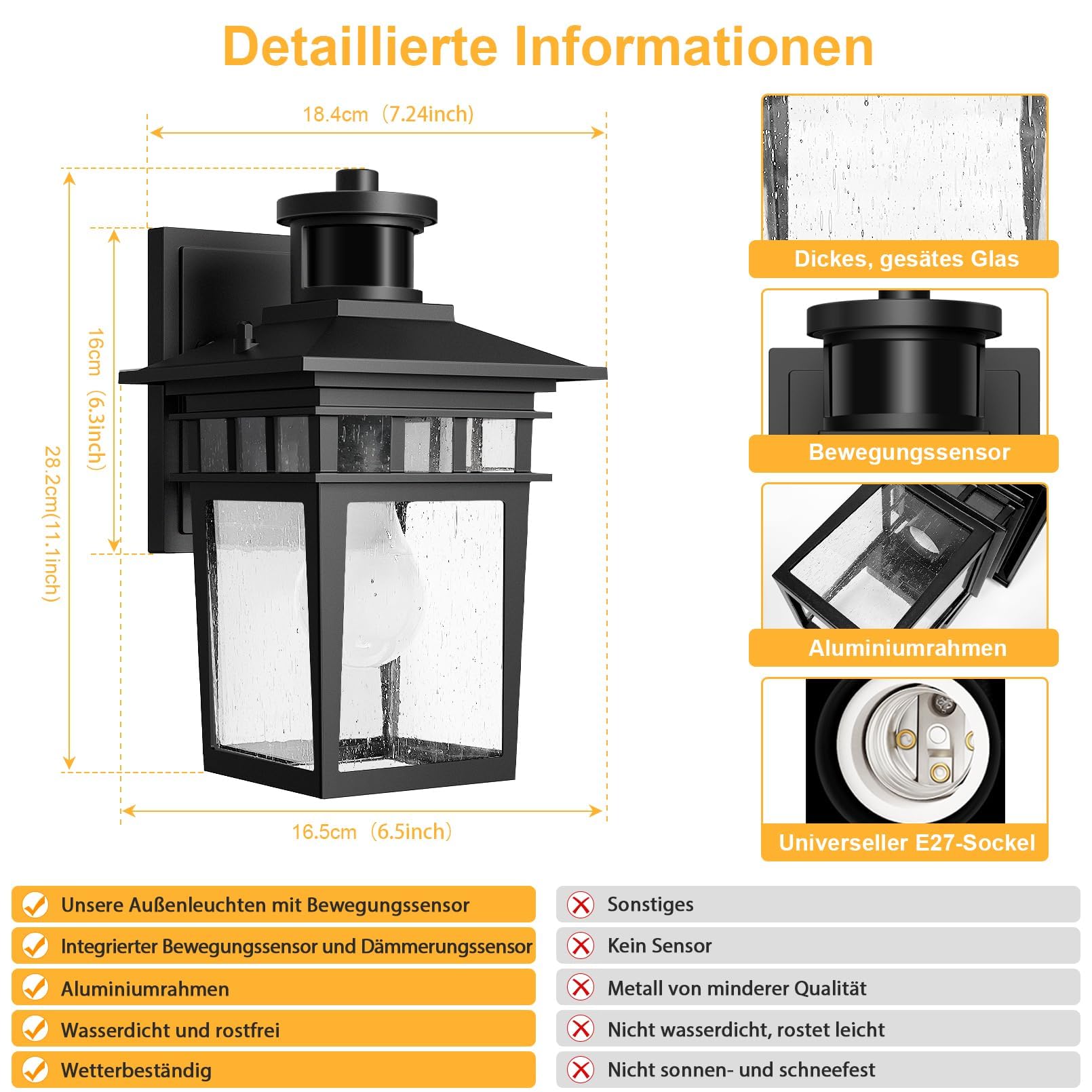 Aussenlampe mit Bewegungsmelder, 3 Beleuchtungsmodi Lampe mit Bewegungsmelder Aussen, E27-Fassung Wasserdichtes Aluminium Außenwandleuchte Led für Haus