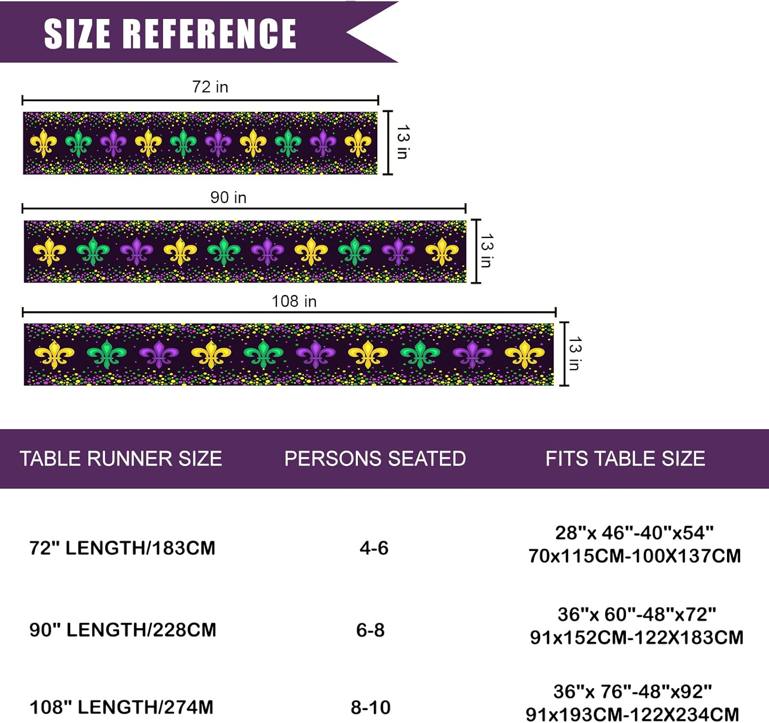 Mardi Gras Fleur De Lis Table Runner Carnival Purple Green Yellow Table Runners 72 Inches Long for Kitchen Dining Table Decoration Holiday Masquerade Party Indoor Outdoor Decor : Home & Kitchen