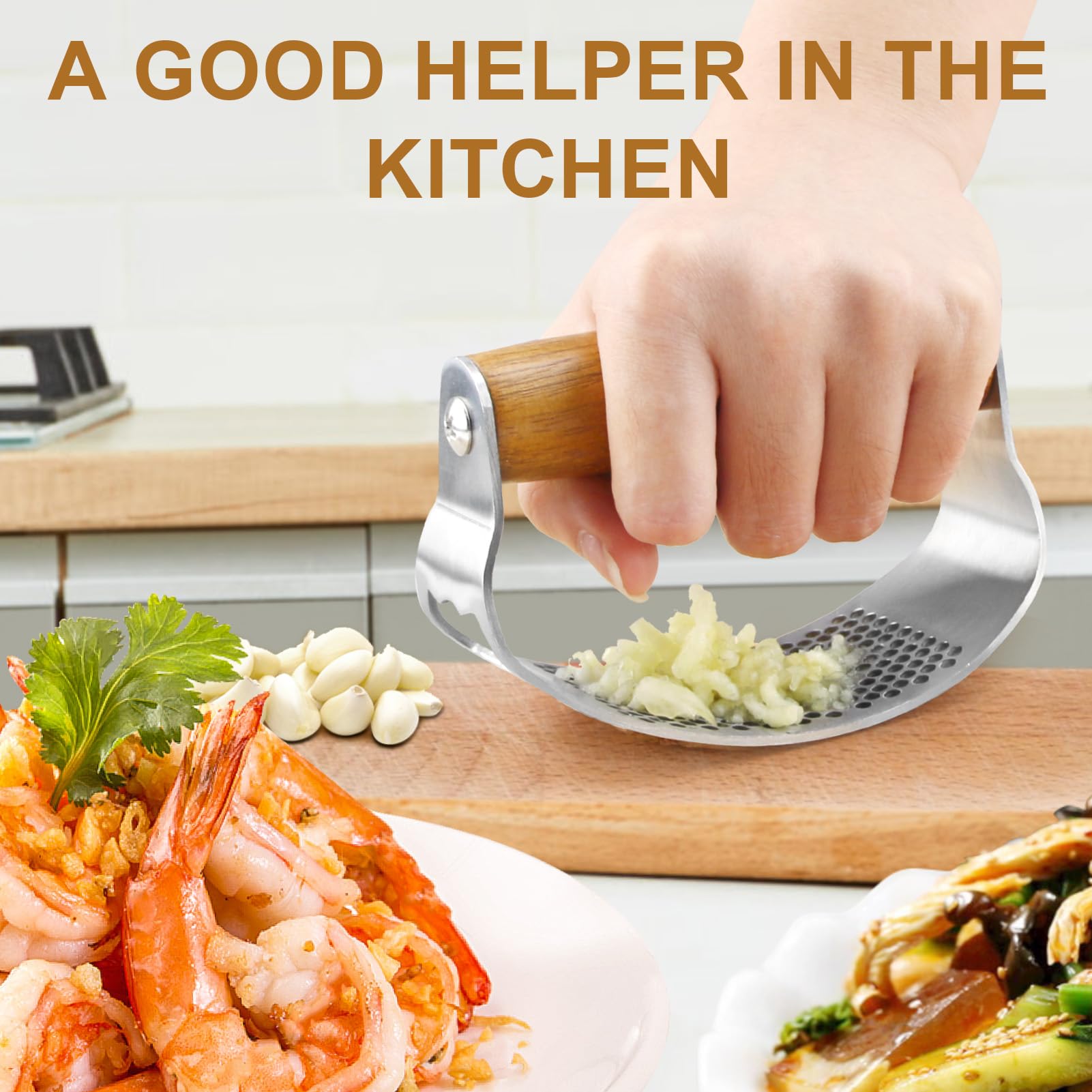 GlasFlength Garlic Crusher wyciskacz do czosnku ze stali nierdzewnej, do czosnku, łatwa do czyszczenia za pomocą małego pędzla