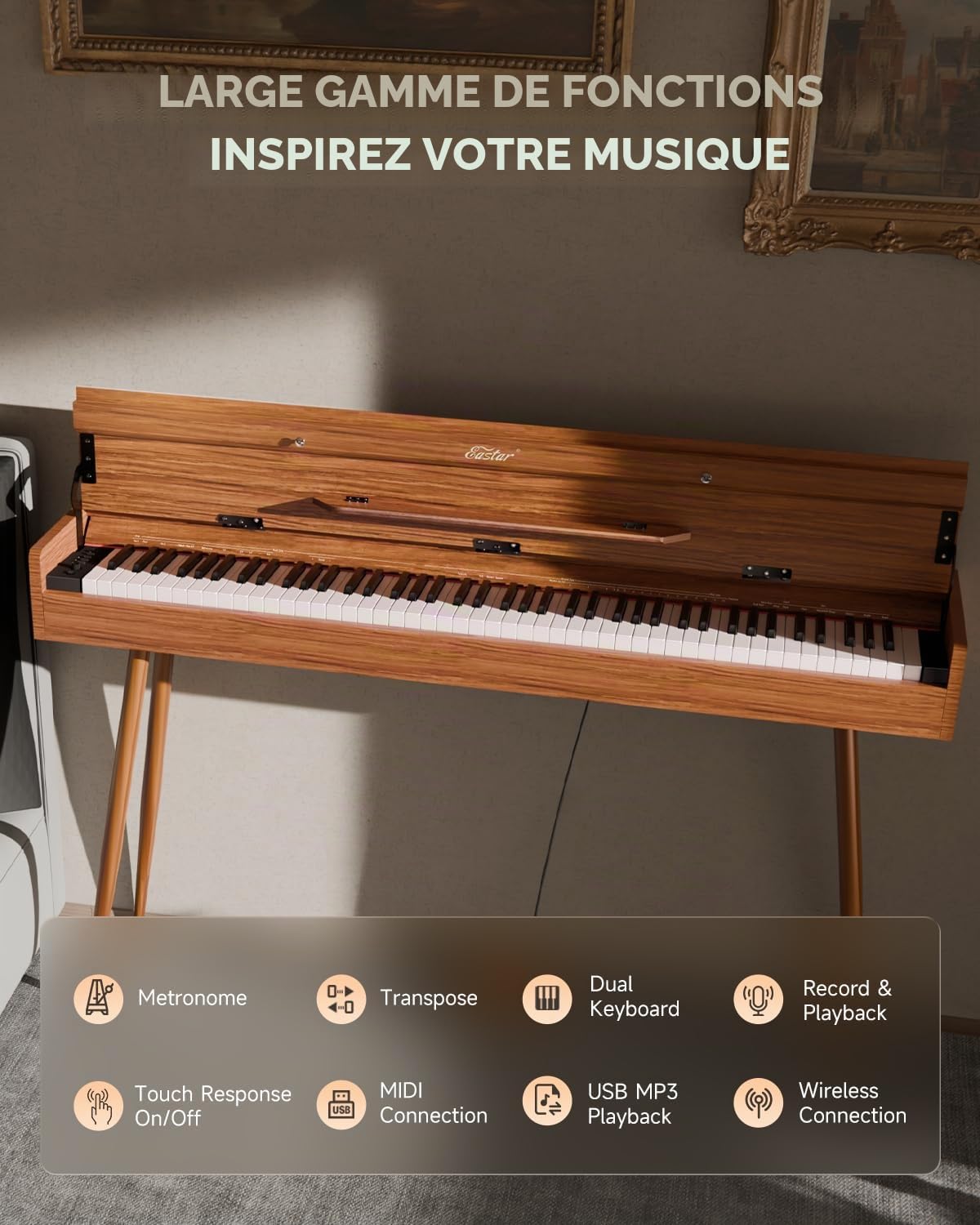 Eastar EUP-100 Piano Numérique 88 Touches, Piano à Clavier Lesté pour Débutant, avec Housse, Casque, Autocollants Musicaux, Triple Pédalier, Connexion Sans Fil, Enregistrement, MIDI - Bois Rétro