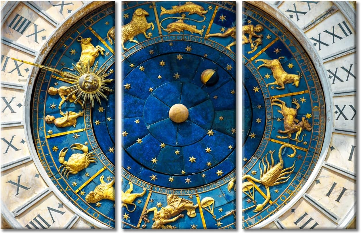 3 Panels Astrology Concept Wall Art Ancient Clock Posters & Prints Clock Faces and Astrological Signs Living Room Pictures Wall Decor Stretched and Framed Ready to Hang (60" Wx40 H)