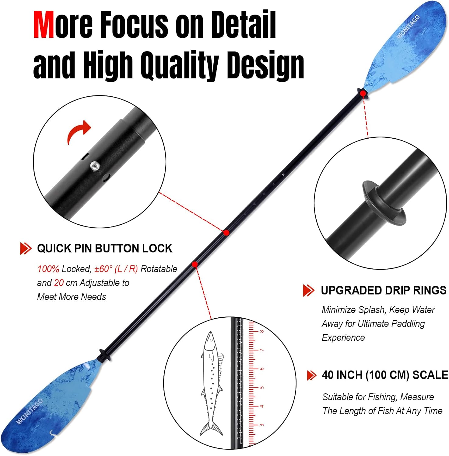 Angler Kayak Paddles Aluminum Paddle with Plastic Blades and Paddle Leash, Floating Adjustable Fishing Kayak Oars, 3 Piece, 230-250cm/90-98 inch