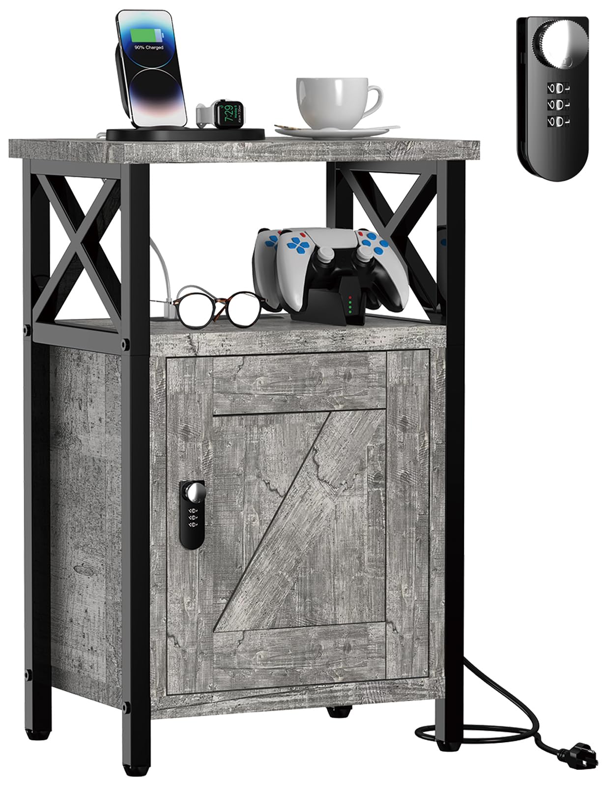 runjuly Wooden Nightstand with Lock, Bed Side Table with Drawers, Bedside Table with Charging Station, 3 USB & 2 Outlets, Night Stand with Storage,