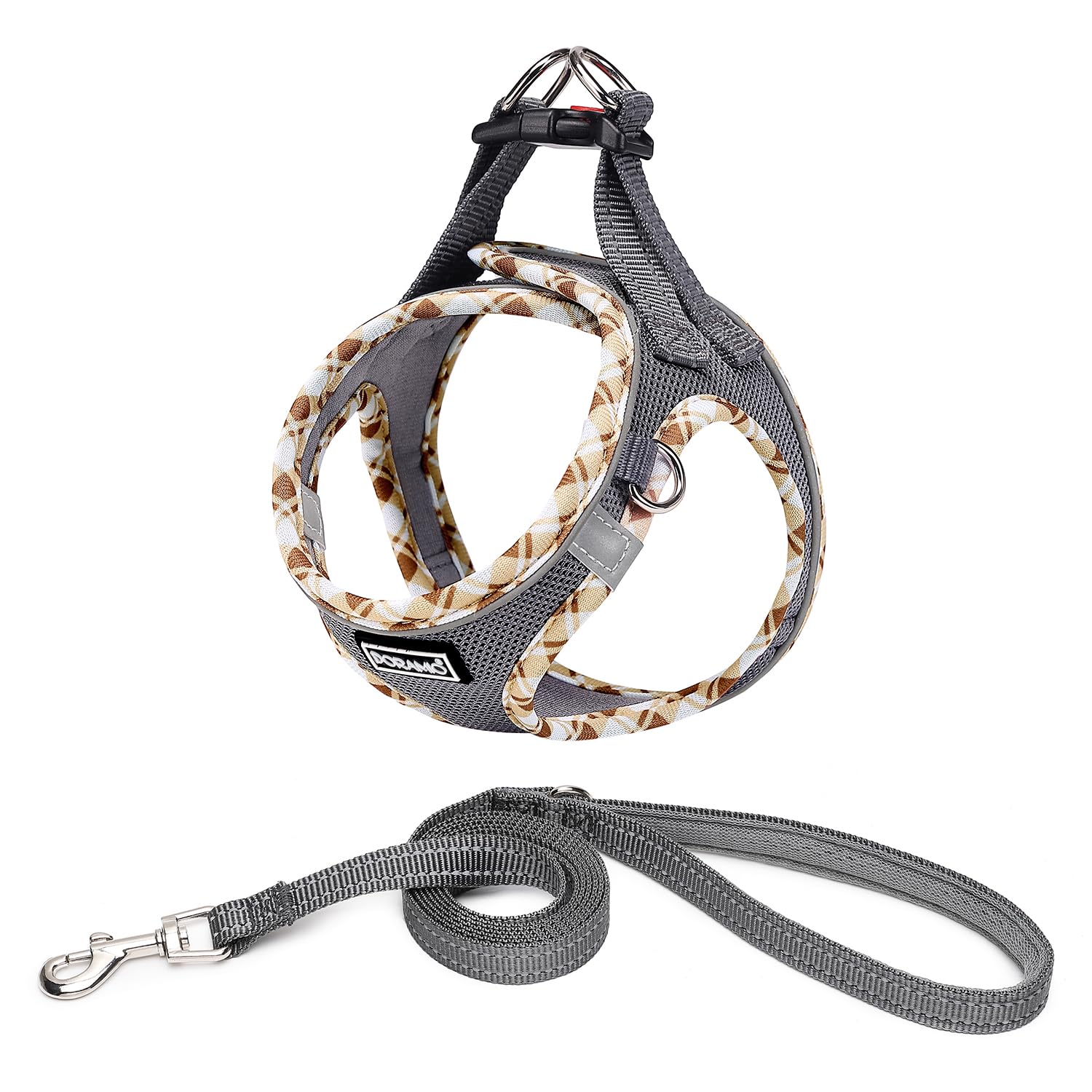 DORAMIO Pettorina Cane Taglia Piccola, Step-in Pettorina per Cani Gatti Cuccioli con Guinzaglio Comodo, Riflettente Traspirante Imbracatura Cane Morbida Imbottito per Passeggiate Corsa (S, Grigio)