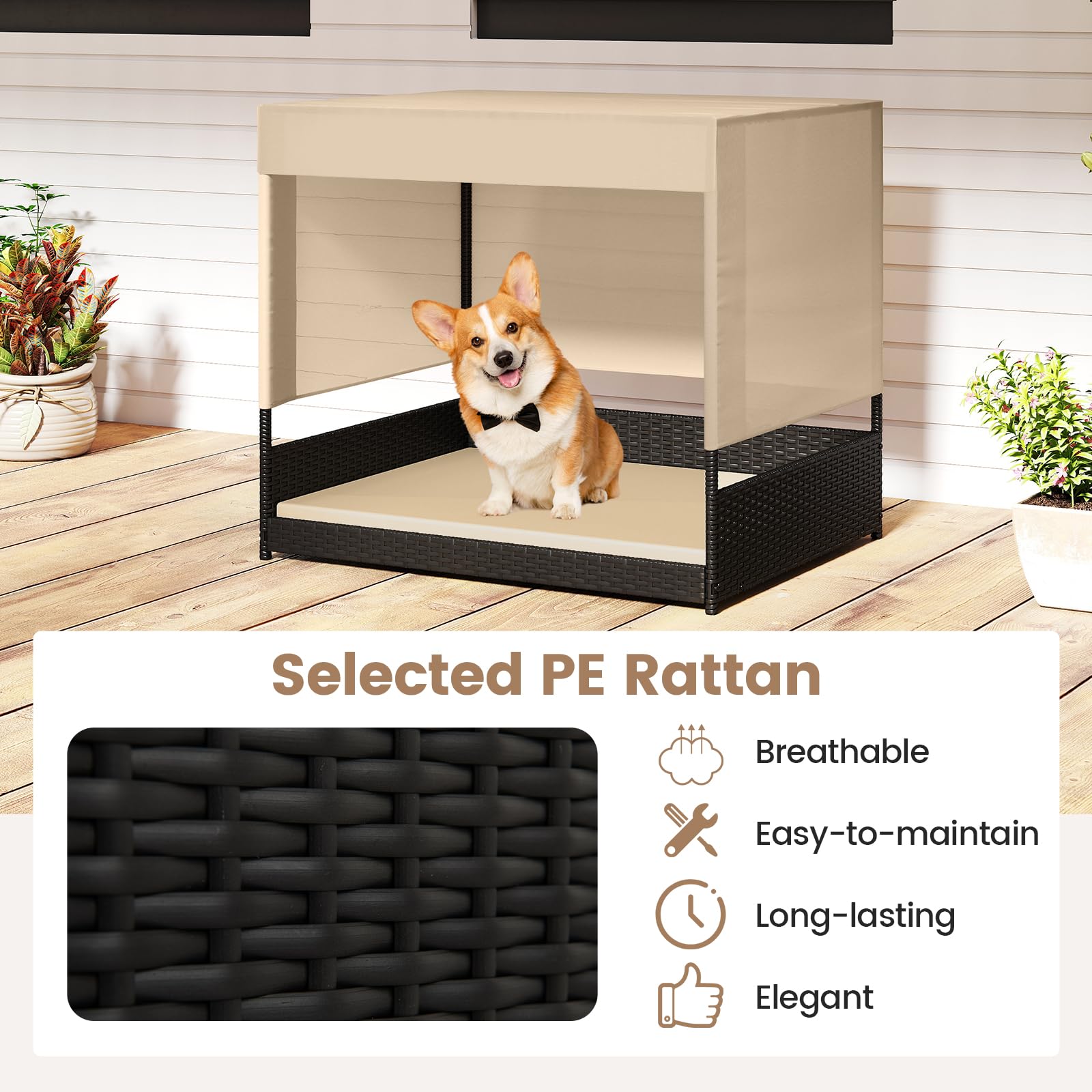 GYMAX Cuccia in vimini per cani di piccola e media taglia, divano letto rialzato in rattan con cuscino rimovibile, tetto a baldacchino e pavimento rialzato, riparo per cuccioli per interni ed esterni