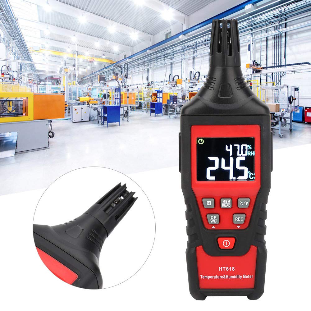 Medidor de temperatura y humedad Sensibilidad digital Pantalla LCD dual portátil HT618 para oficina en casa Invernadero Uso en interiores y exteriores Plástico 180x60x33 mm