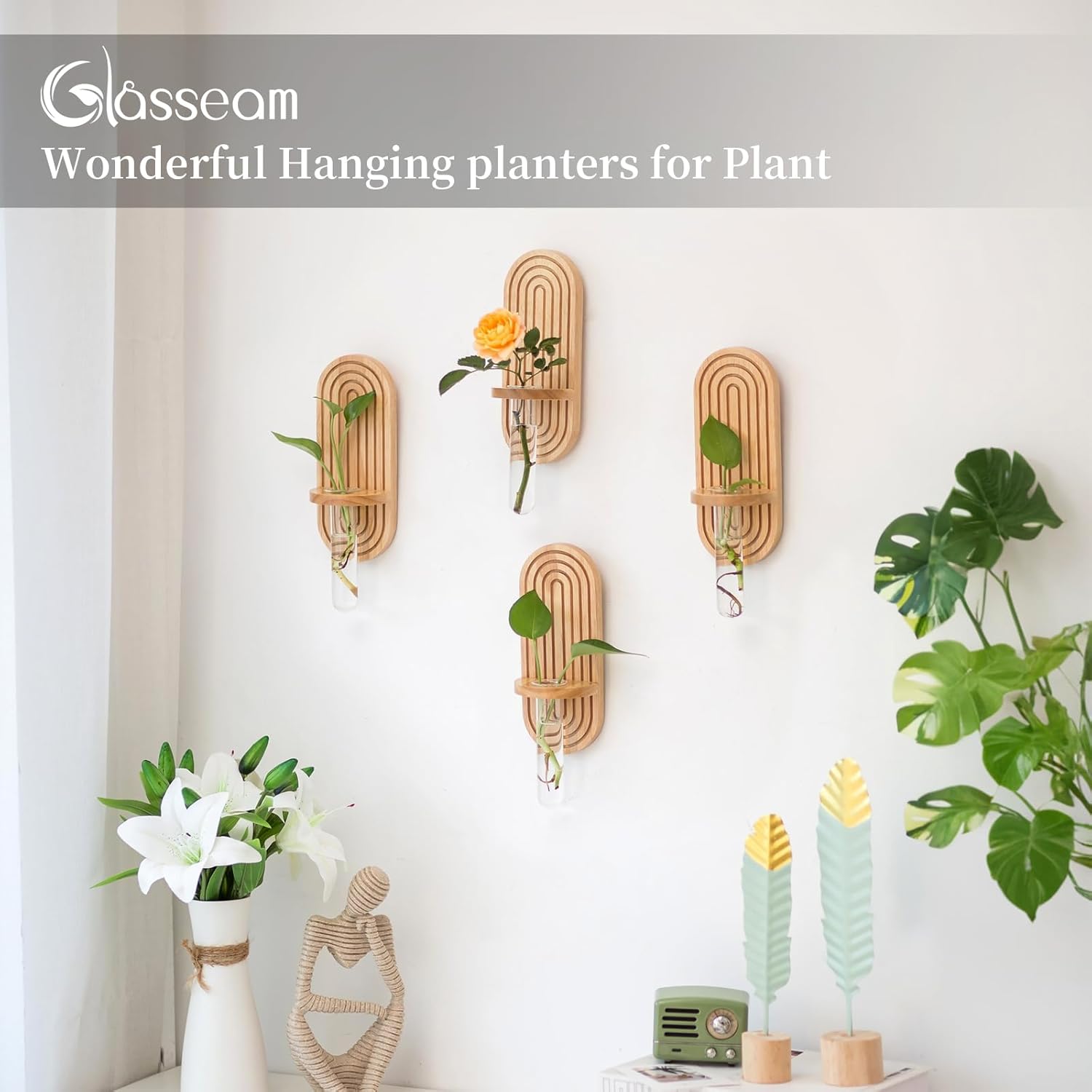Glasseam Hanging Plant Propagation Stations: Rustic Wall Planter Set of 4 Planters for Indoor Plants Wood Plant Holder Decorative Glass Terrarium Test Tube Propogation Vase for Home Office Decor