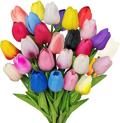 Tuyertbik 28pcs Mixcolor Tulip Artificial Flowers Fake Faux PU Tulip Bouquet Real Touch Silk Flowers 13.7" Arrangement Bouquet for Home Party Office Centerpieces Wedding DIY Decoration