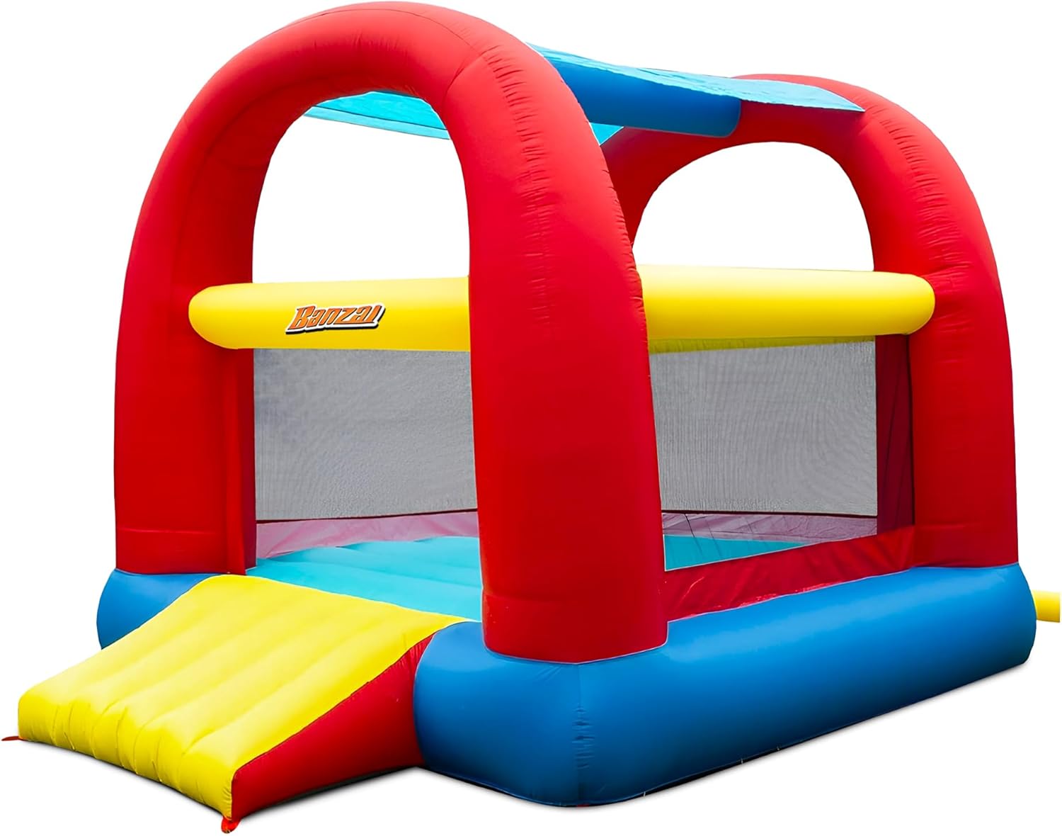 Banzai Bounce ’N’ Slide Cool Canopy Inflatable Indoor Outdoor Bounce House with Slide and Blower