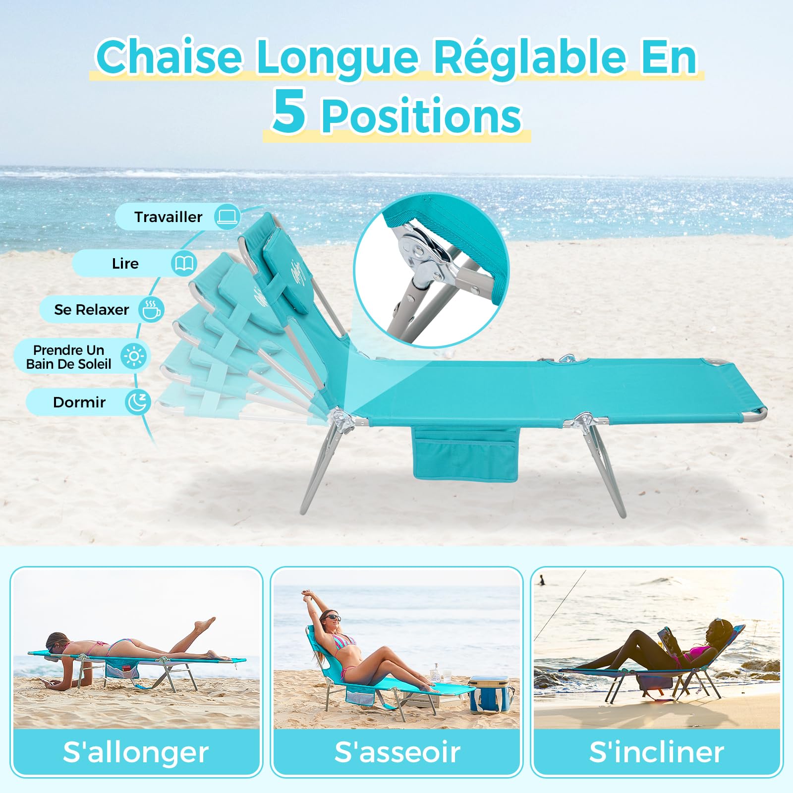#WEJOY Bain de Soleil Pliable avec Trou de Visage pour Lecture, Chaise Longue Pliante avec Dossier Réglable à 5 Positions, Transat Inclinable Légère avec Appui-Tête pour Plage Jardin Terrasse Piscine