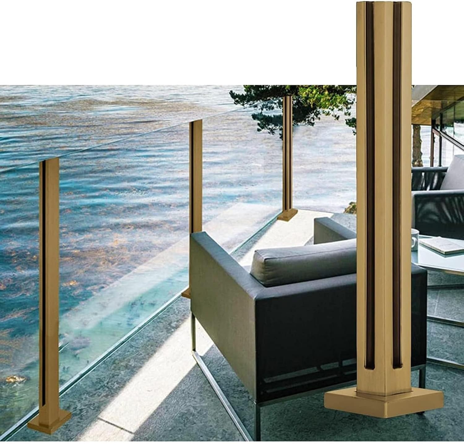 Gold Stainless Steel Glass Railing Post for 3/10-1/2in Panels, Heavy-Duty 135cm Height, Sturdy Base & Spigot Slots, Ideal for Balcony, Stairway, Deck, Patio (Corner Post)