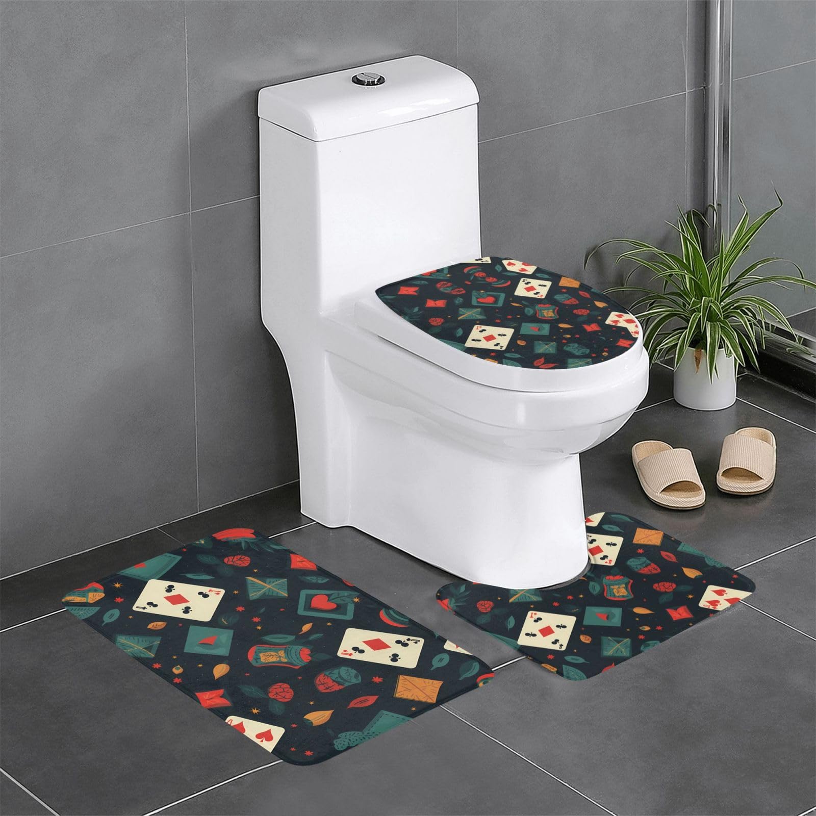 Tapis de salle de bain antidérapants poker lot de 3 pour contour de WC et coiffeuse