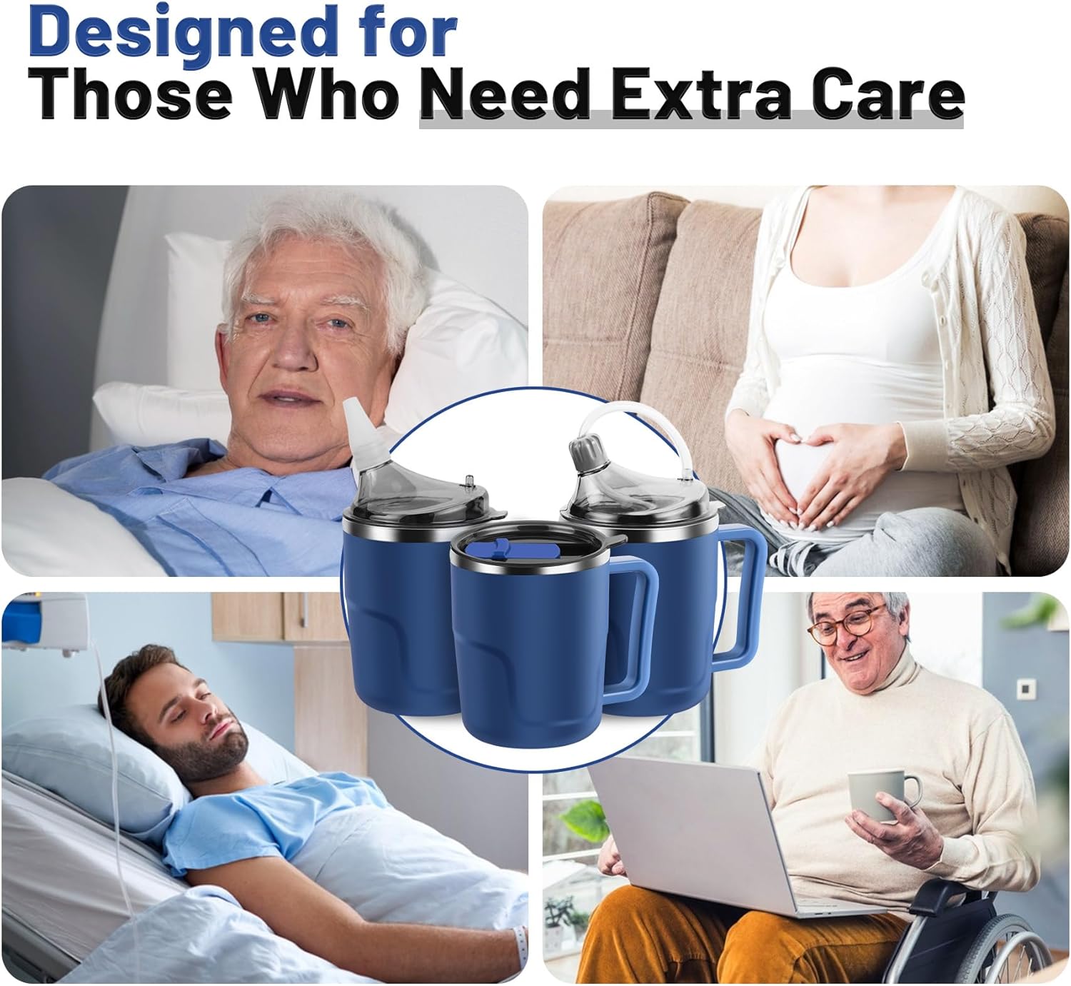 Adult Sippy Cup, 14oz Spill Proof Cup with Straw for Elderly, 3 in 1 Stainless Steel Sippy Cup with 2 Lids, No Spill Feeding Cups for Patient Disabled Maternity Drink Water Milk Soup - Blue - Image 7