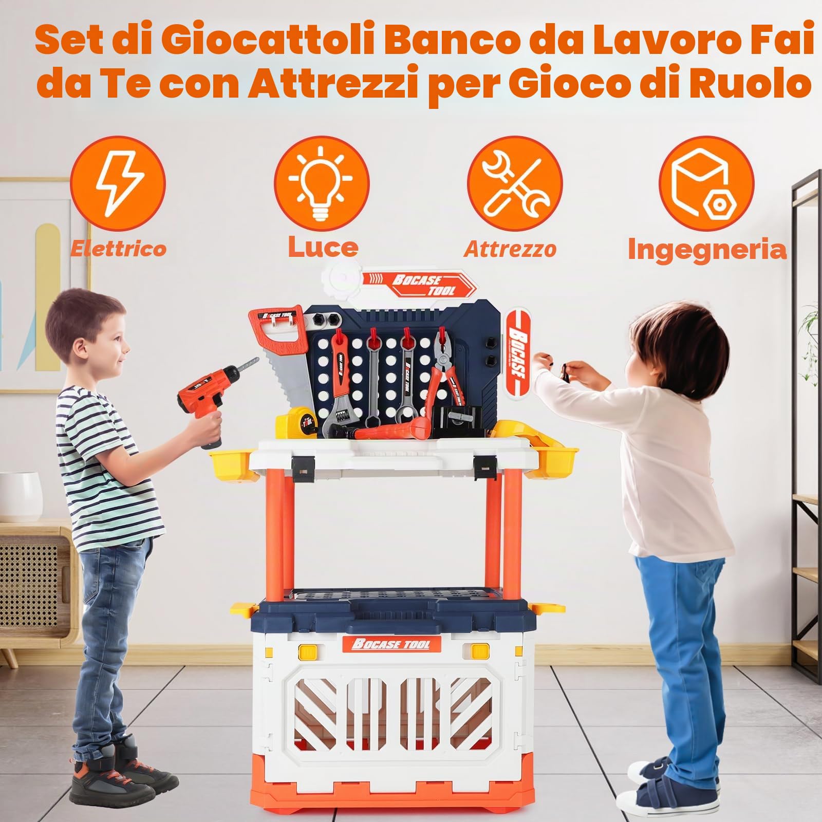 deAO Banco degli Attrezzi per Bambini, Trapano Elettrico e Realistico, Set di 90 Pezzi Trasformabile, Gioco di Finzione, Giocattoli da Costruzione