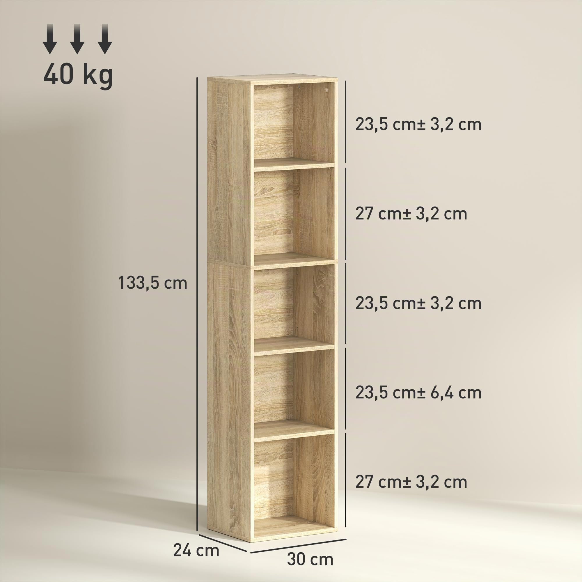 HOMCOM Libreria, scaffale a 5 livelli, contenitore con ripiani regolabili per soggiorno, camera da letto, studio, 30 x 24 x 133,5 cm, legno naturale