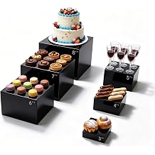 6Pcs Black Buffet Risers, Food Display Risers for Buffet Table Display Stand Shelf for Party Catering Dessert Jewelry, Acrylic Cube Nesting Boxes with Hollow Bottoms3",4",5",6",7",8"