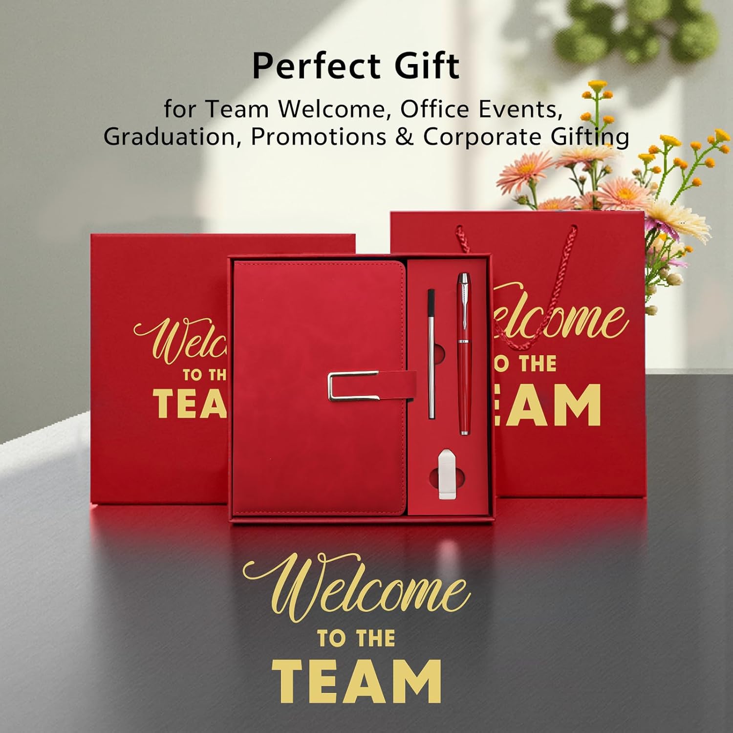 Welcome to The Team Gift Sets - Notebook, Pen, 16GB USB Drive, Come with Gift Bag and Box for New Workers- Red (Red)