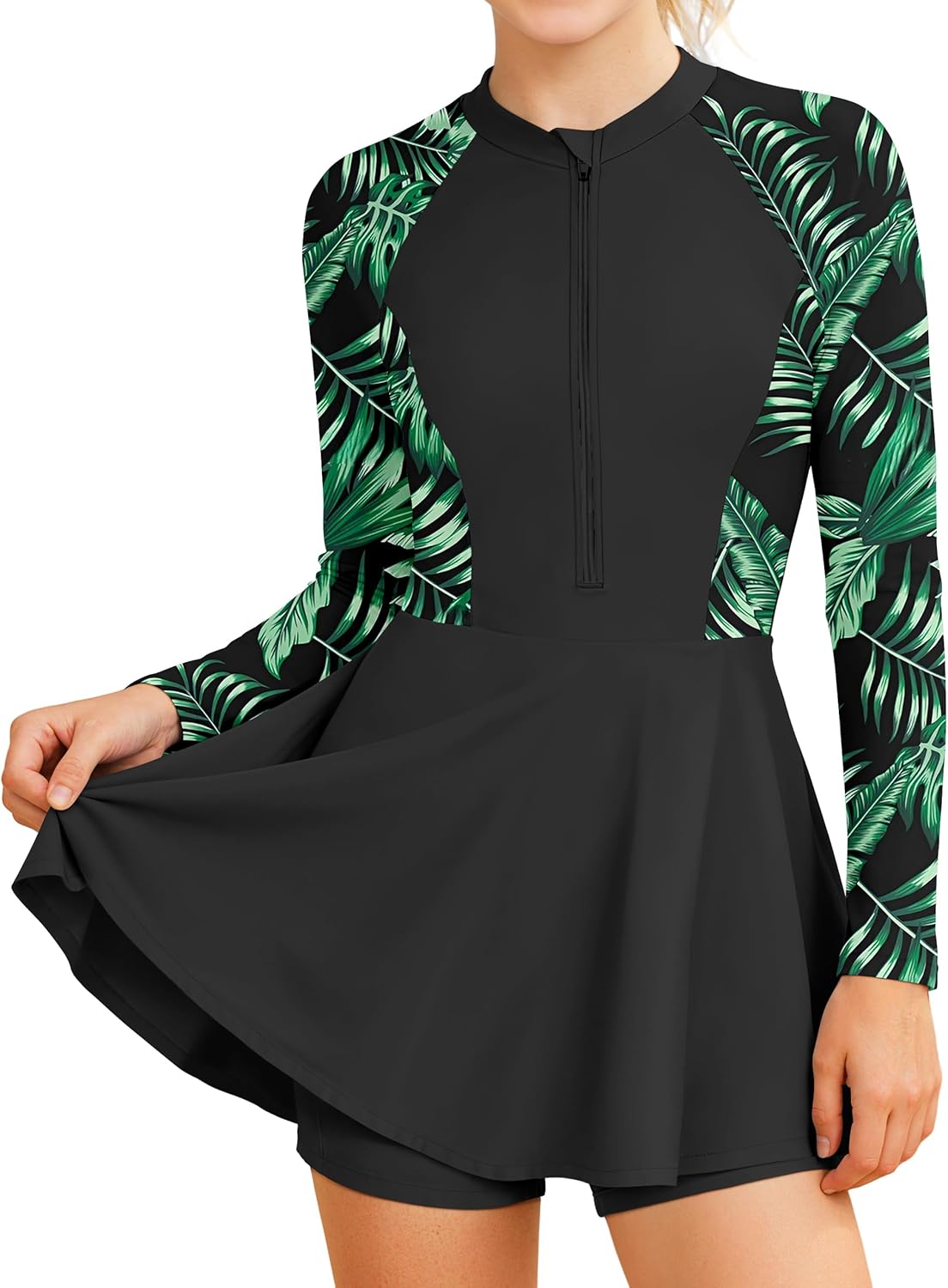 Girls Rash Guard Swimsuit 2 Piece Long Sleeve Half-Zip Swim Dress with Shorts UPF 50+ Padded Girls Bathing Suit 9-16Y
