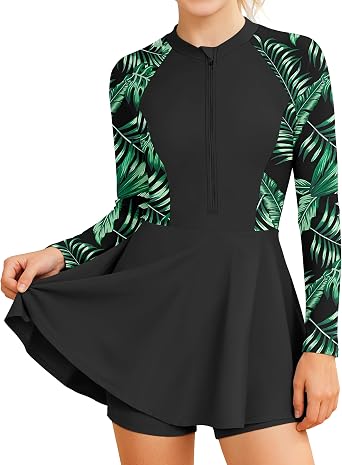 Girls Rash Guard Swimsuit 2 Piece Long Sleeve Half-Zip Swim Dress with Shorts UPF 50+ Padded Girls Bathing Suit 9-16Y