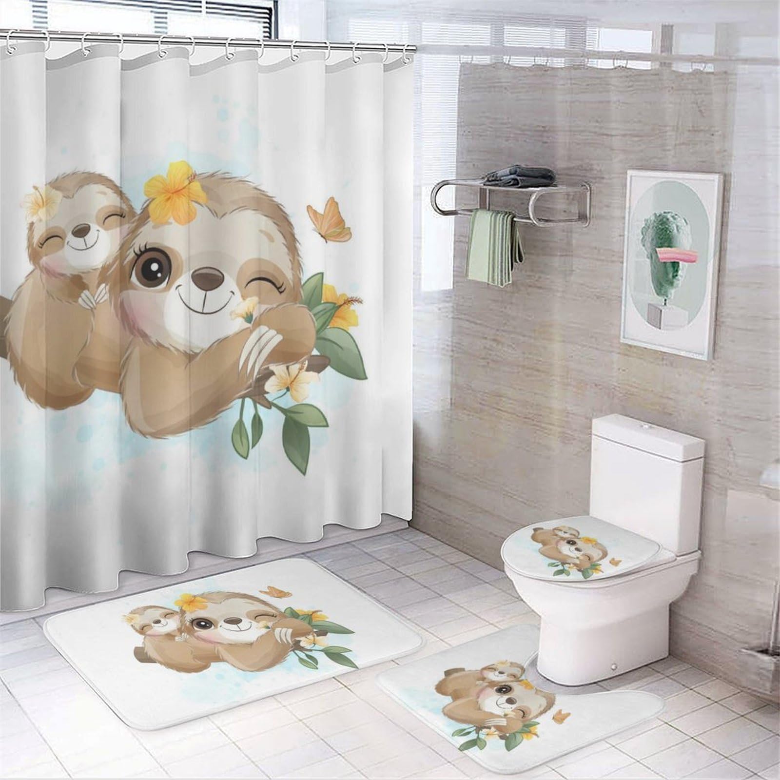 JiuPopular Bathroom Mat Set 4 Piece, Adorable Little Sloth Shower Curtain with Non-Slip Bath Mats for Bathroom