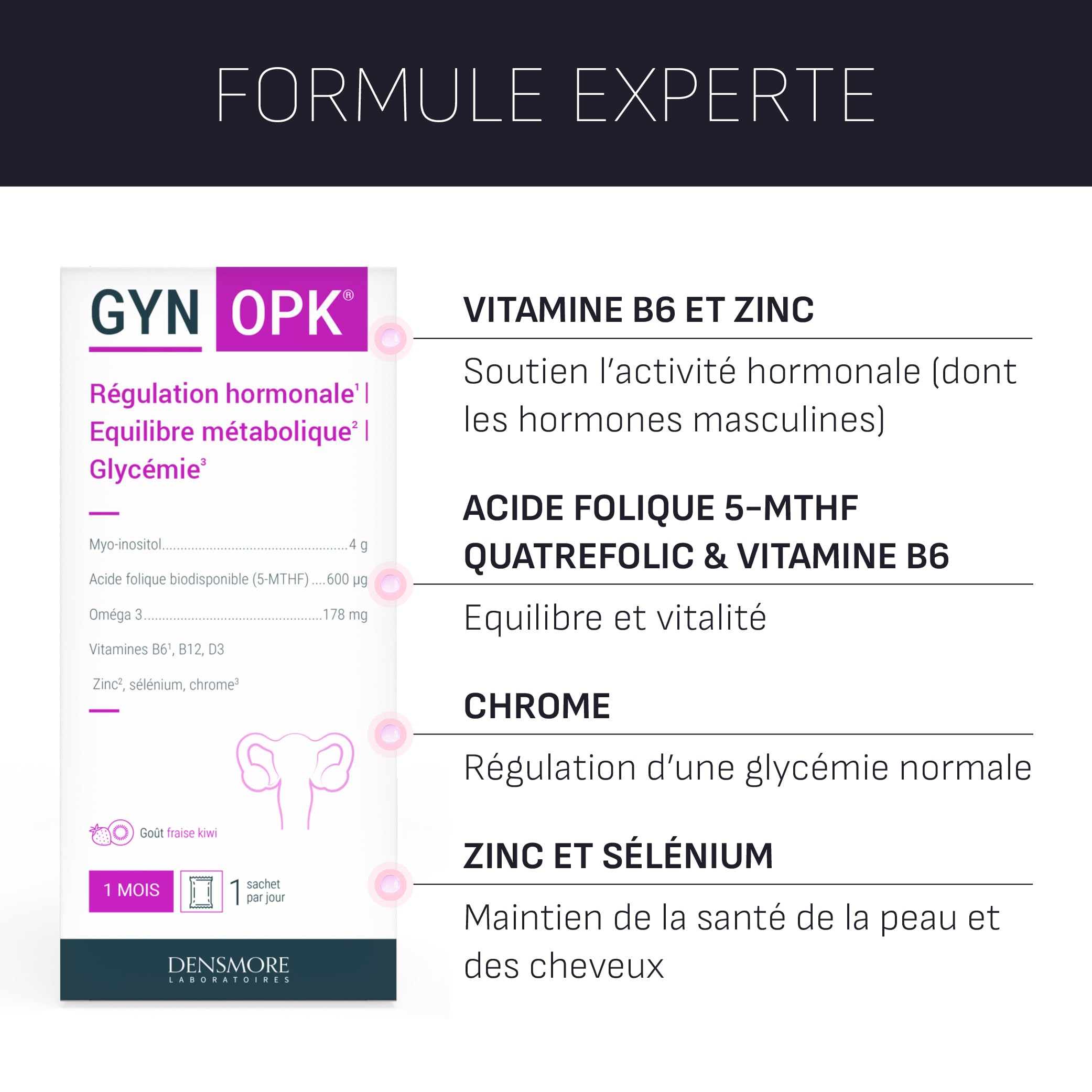 Densmore - GYN'OPK - Régulation hormonale et Glycémie - SOPK - Omega 3, Myo inositol, Acide folique, Zinc et Chrome - Complément alimentaire - 30 sachets - 1 mois