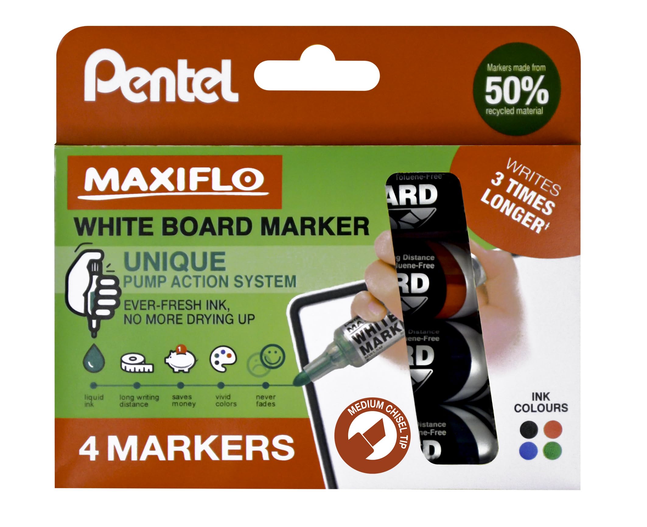 Pentel - Pennarello con inchiostro liquido per lavagne magnetiche, punta a scalpello da 5,7 mm, 4 pz, serie, colori: rosso magenta, verde, blu, nero