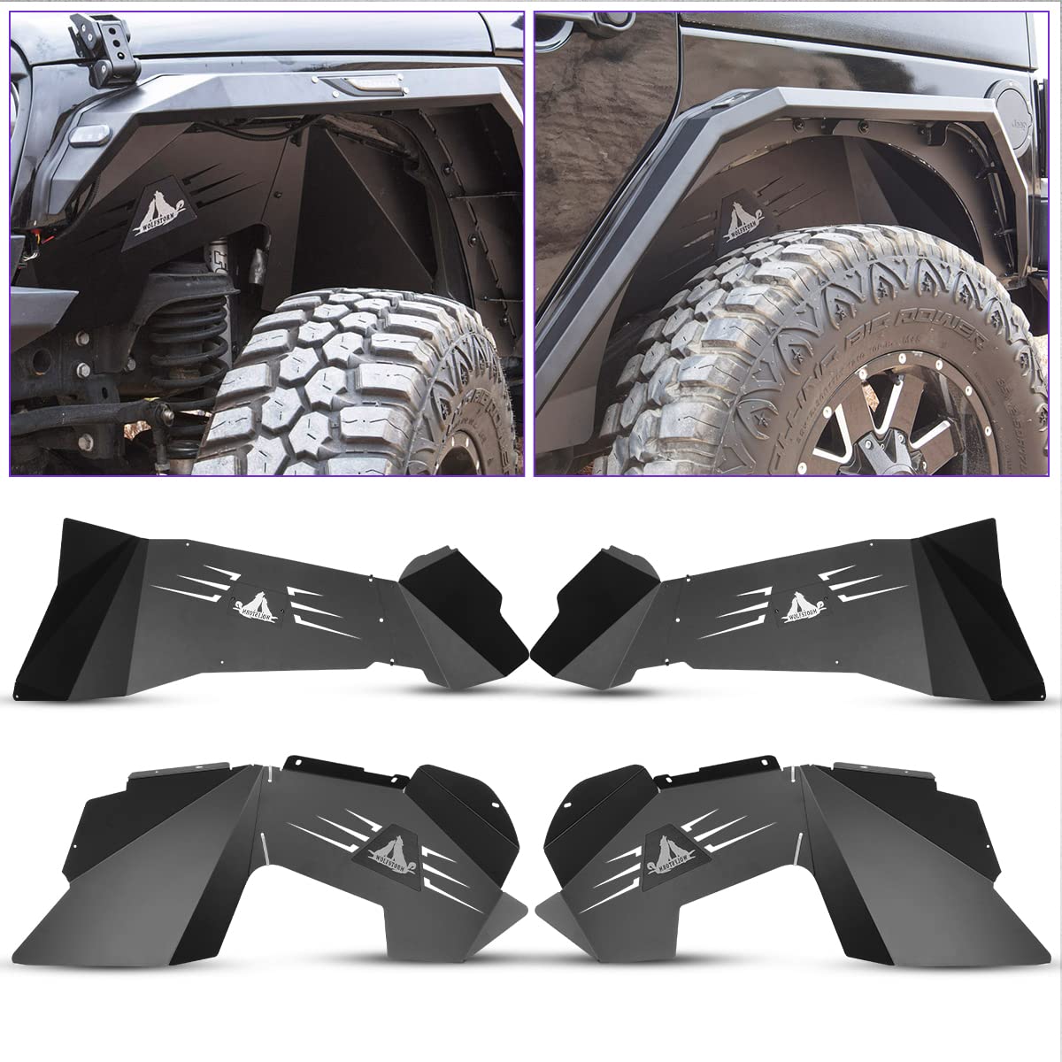 WOLFSTORM Fender Inner Liners, Front and Rear Wheel Liners Fit for 2007-2018 Jeep Wrangler JK/JKU 2-Doors & 4-Doors, Heavy Duty Steel Splash Guard 4 PCS (Front & Rear)