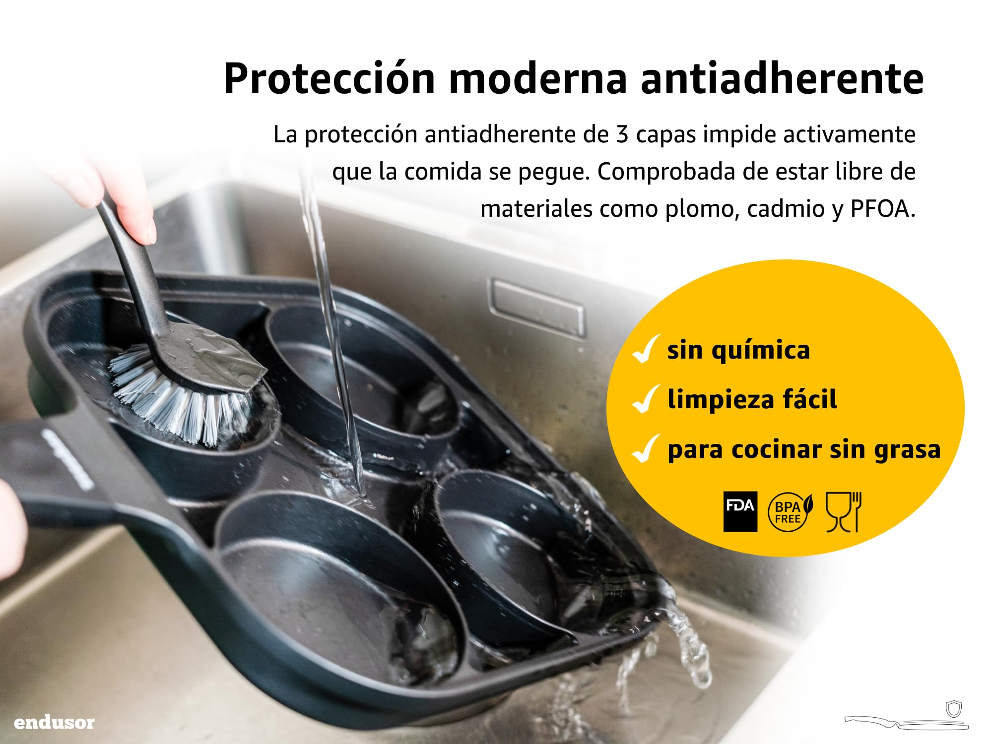 endusor Sartén para Huevo frito y Tortitas con Tapa | Sarten de 27 cm con 4 hoyos y protección antiadherente | Todo Tipo de Cocinas e Inducción | Sartén divida para Huevos fritos Panquecas Crepes